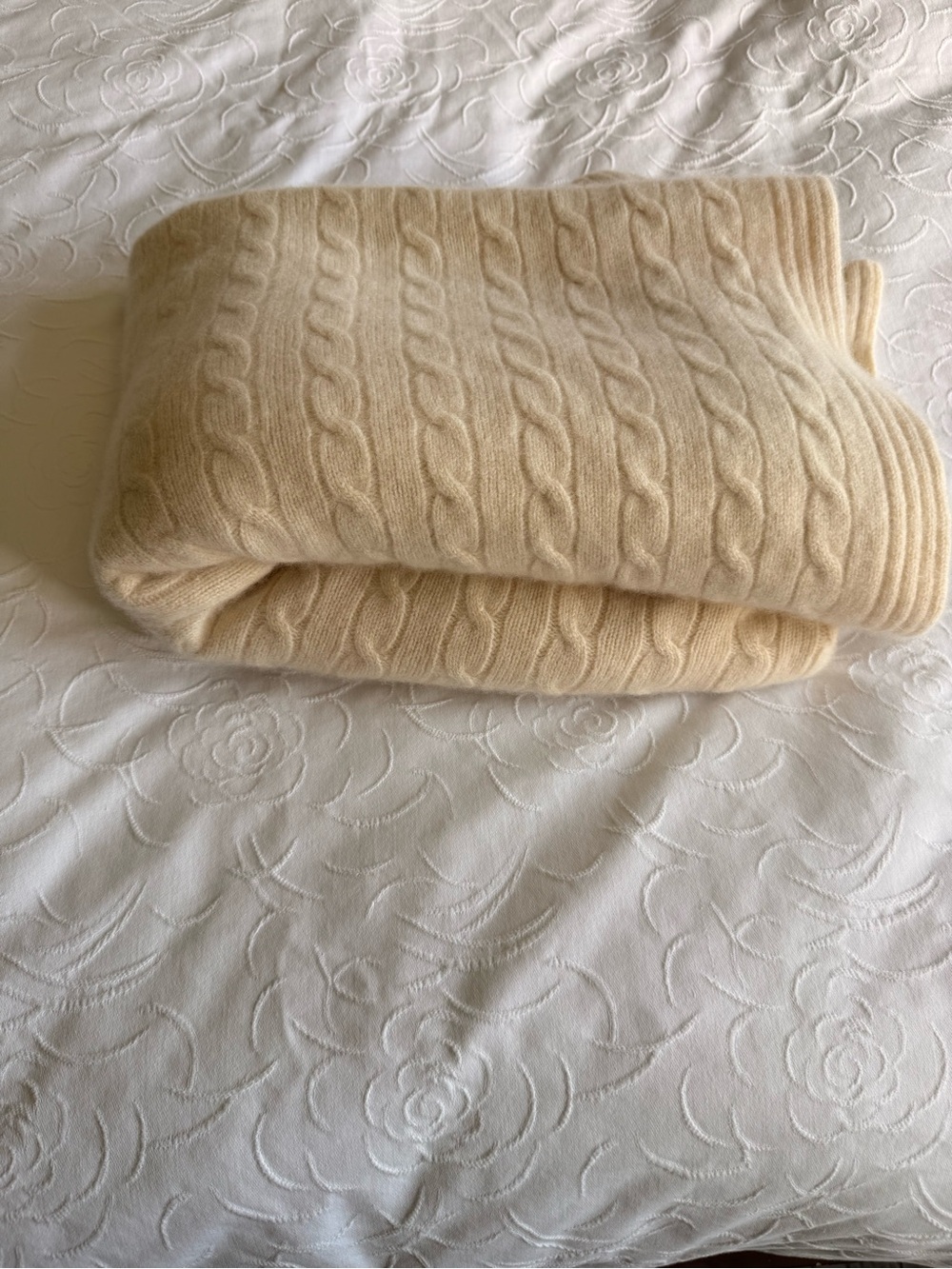 100% Cashmere Ralph Lauren Cable Knit Travel Throw Blanket Cream Ivory